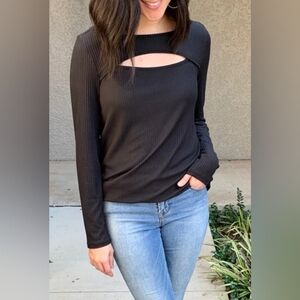 Black Ribbed Cutout Top - NWOT